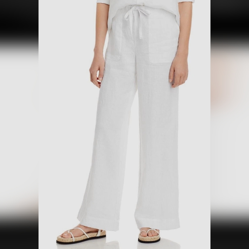 Faherty Sands Women White Tie Waist Linen Wide Leg Trousers Pants